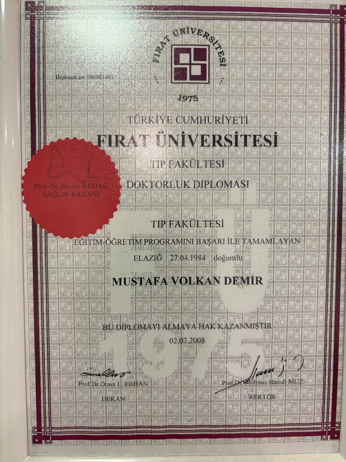 Fırat Üniversitesi Tıp Fakültesi Doktorluk Diploması