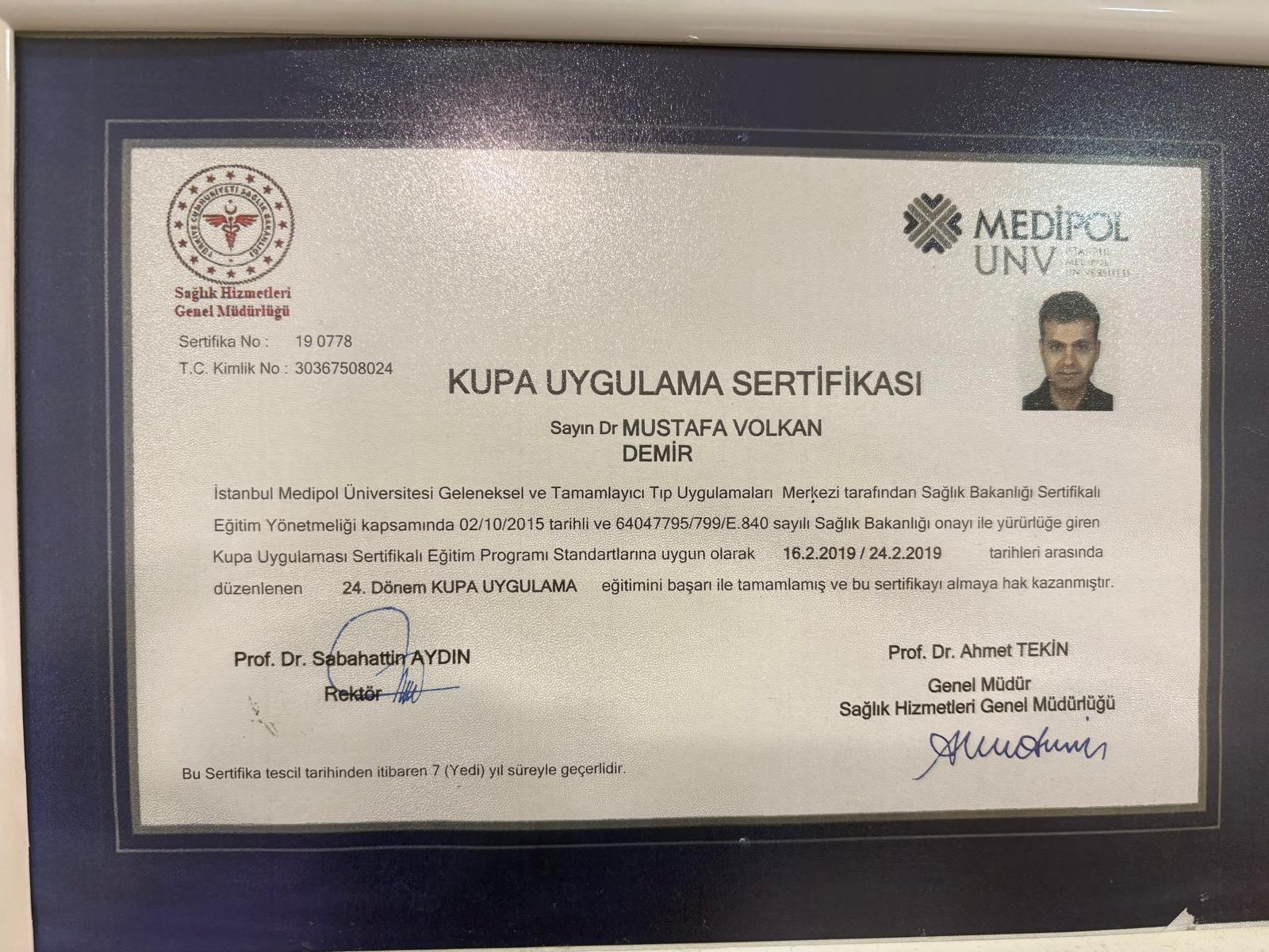 Medipol Üniversitesi Kupa Uygulama Sertifikası (eğitim belgesi · uygulama yapılmamaktadır)