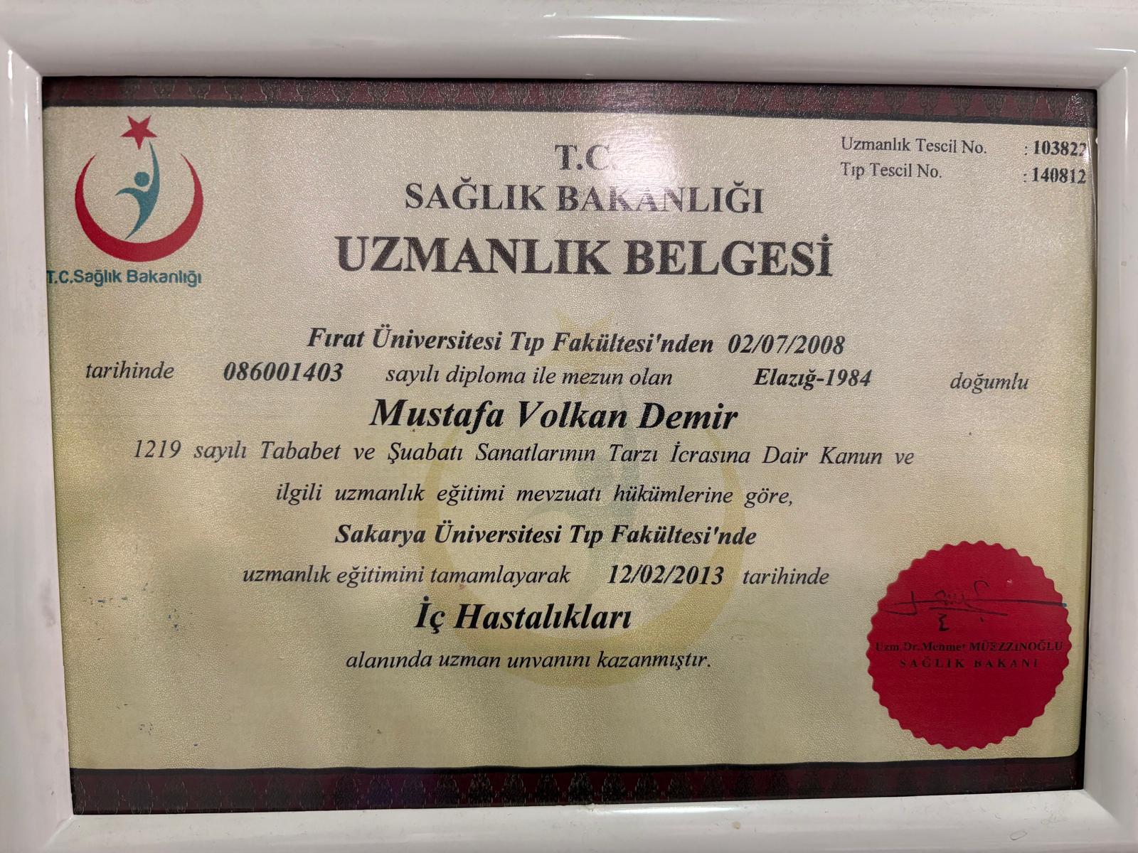 T.C. Sağlık Bakanlığı İç Hastalıkları Uzmanlık Belgesi